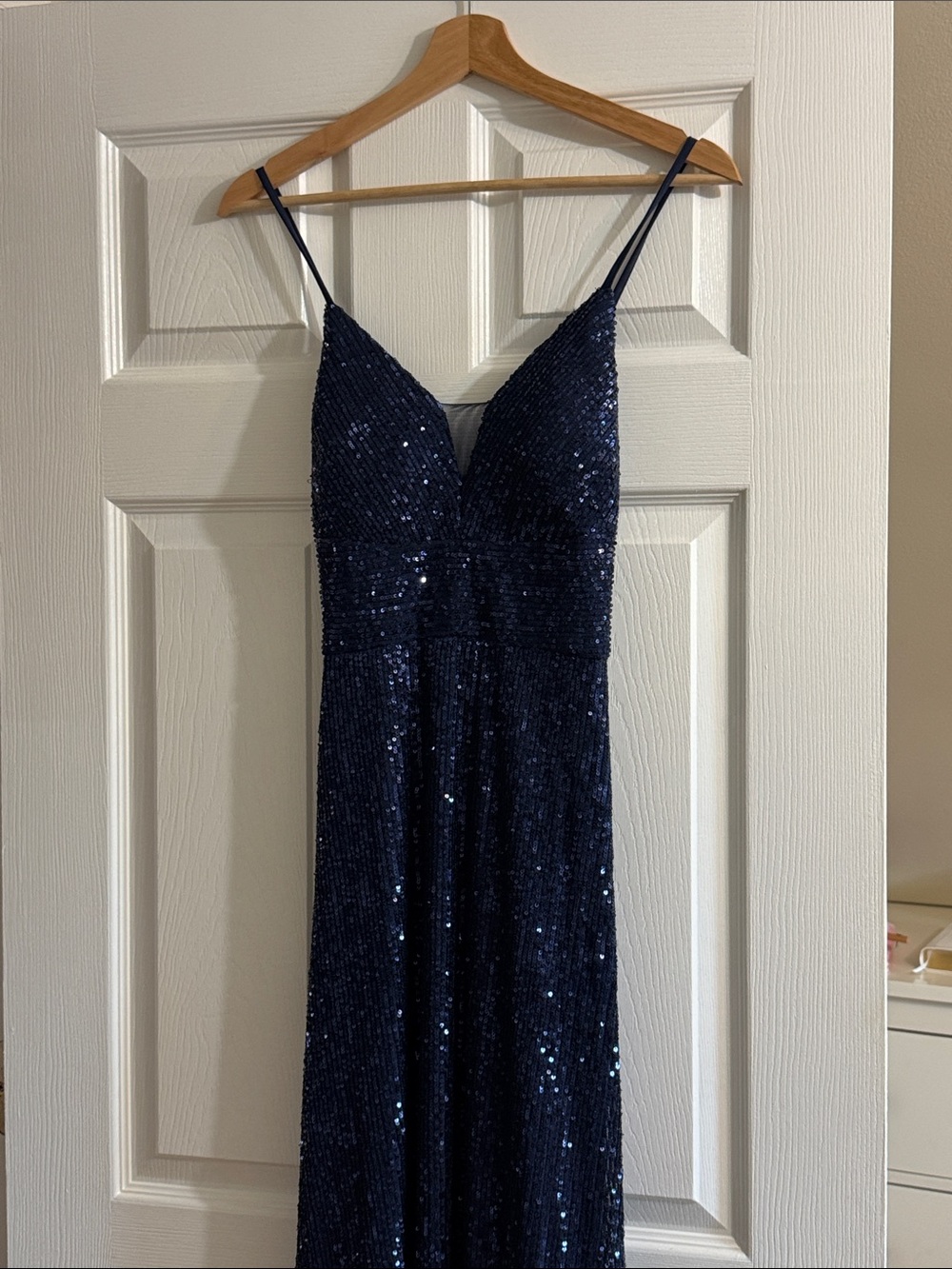Navy Sequin V-Neck Spaghetti Strap Prom Dress